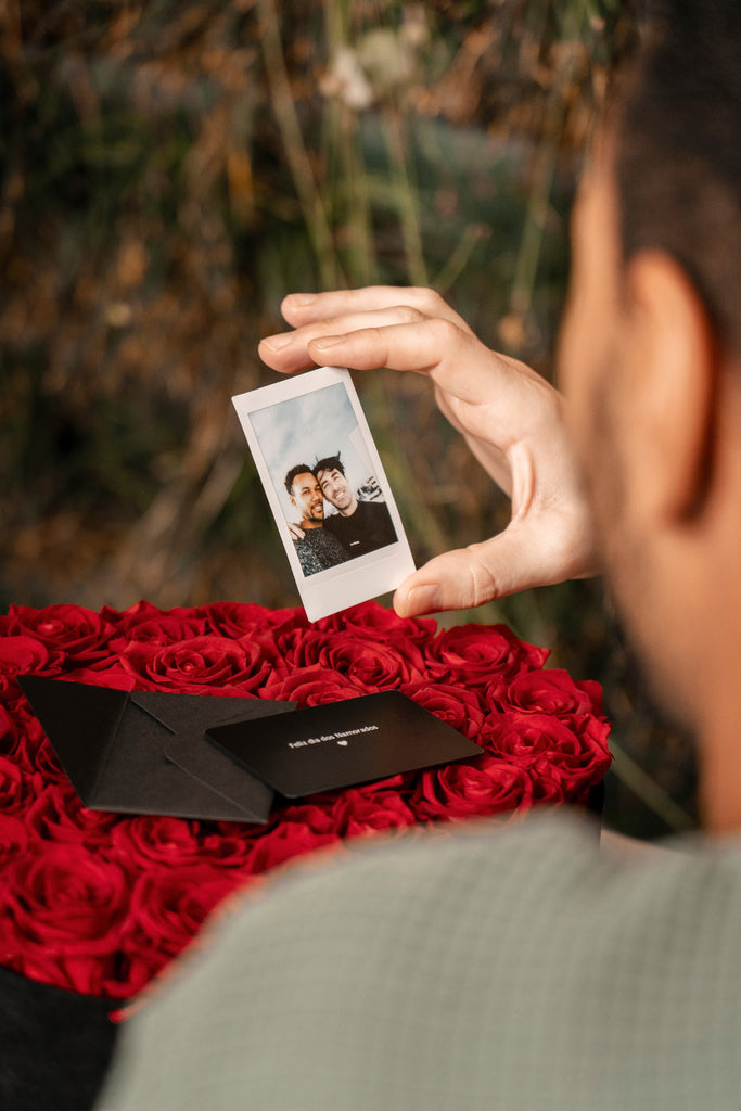 Fotografia Instax sobre rosas vermelhas The Florist