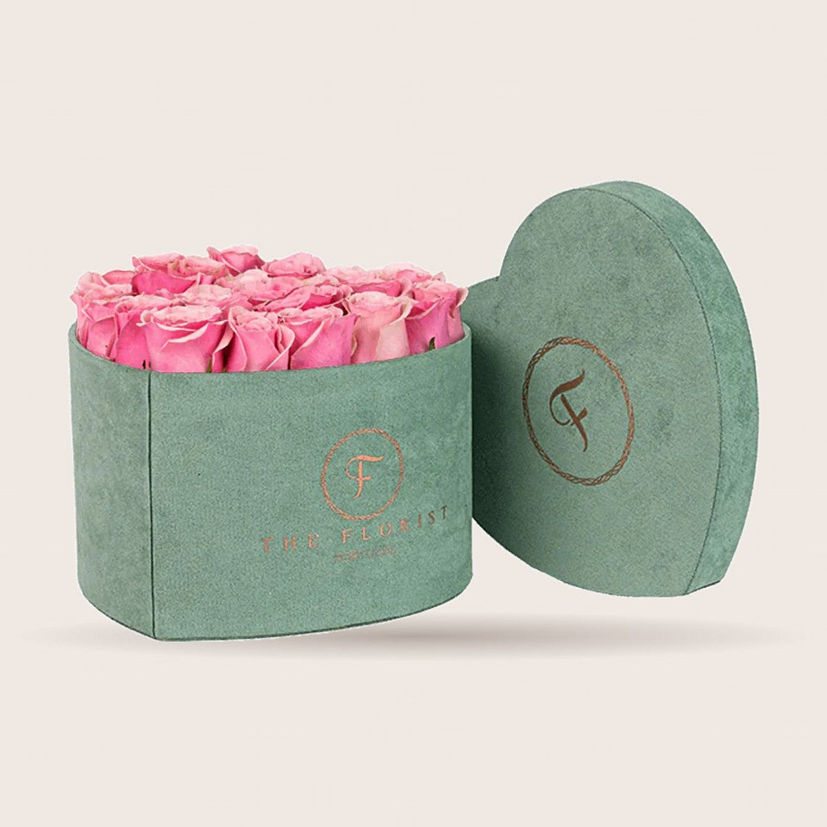 Passion XL com rosas cor-de-rosa em caixa de veludo verde | The Florist Portugal