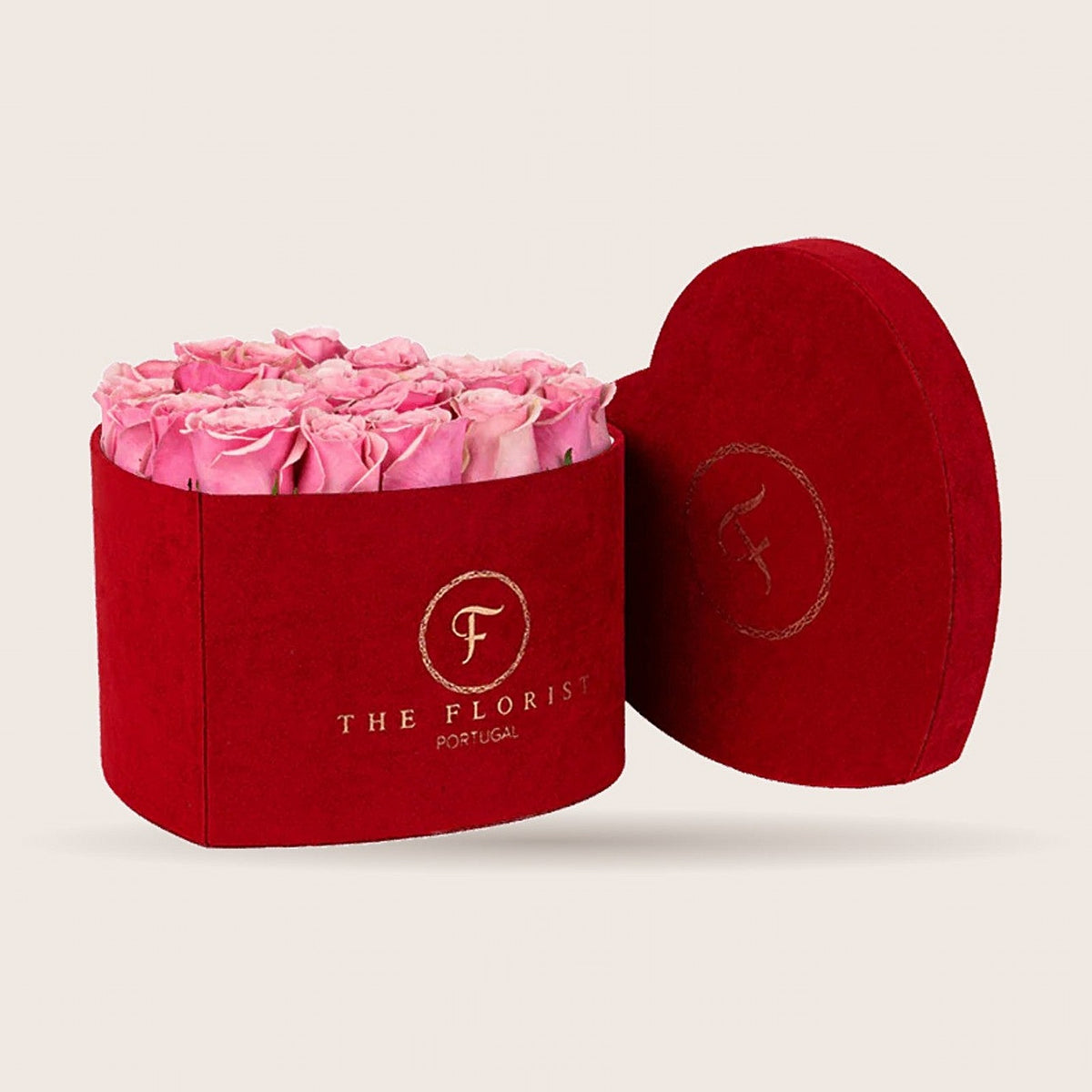 Passion XL com rosas cor-de-rosa em caixa de veludo vermelho | The Florist Portugal