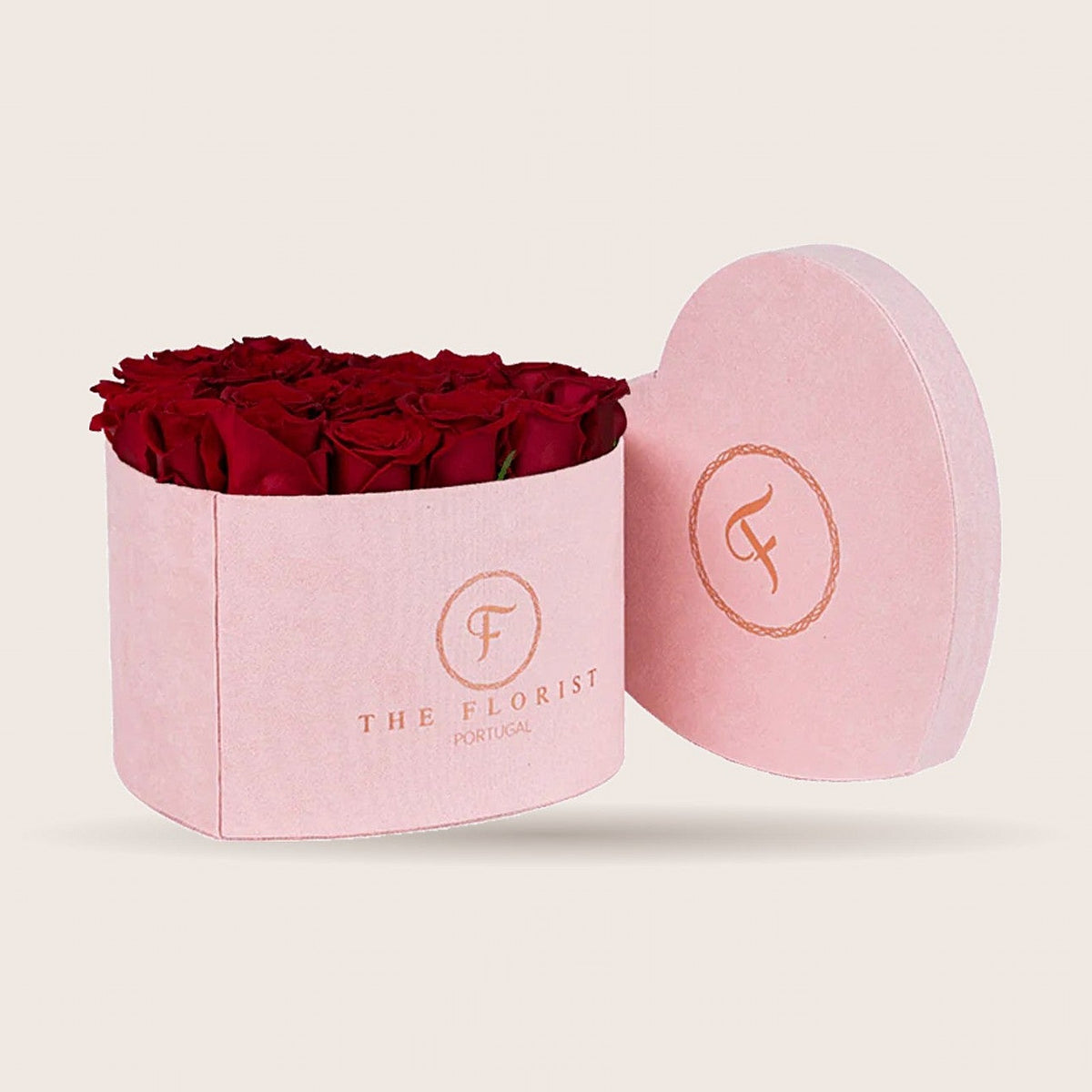 Passion XL com rosas vermelhas em caixa de veludo rosa | The Florist Portugal